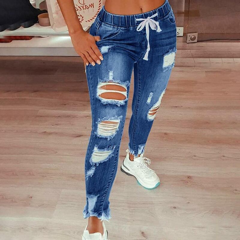 Stretchy Ripped Hole Jeans Women 2024 Straight Denim Trousers Female High Waist All-Match Casual Denim Pants New Streetwear