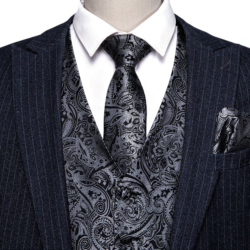 Elegant Mens's Vest Silk Black Silver Pasley Floral Dress Suit Waistcoat Tie Bowtie Set Sleeveless Jacket Formal Barry Wang