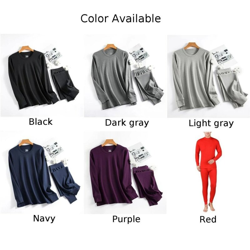 Cotton+Polyester Men\'s Thermal Long Johns Set  O Neck Top Bottom Underwear  Solid Color  Suitable for Autumn/Winter