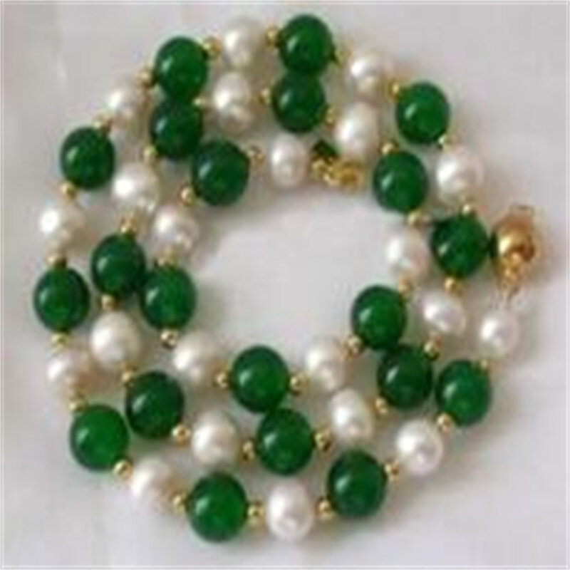 7-8Mm White Akoya Pearl & Green Stone Ketting 18''