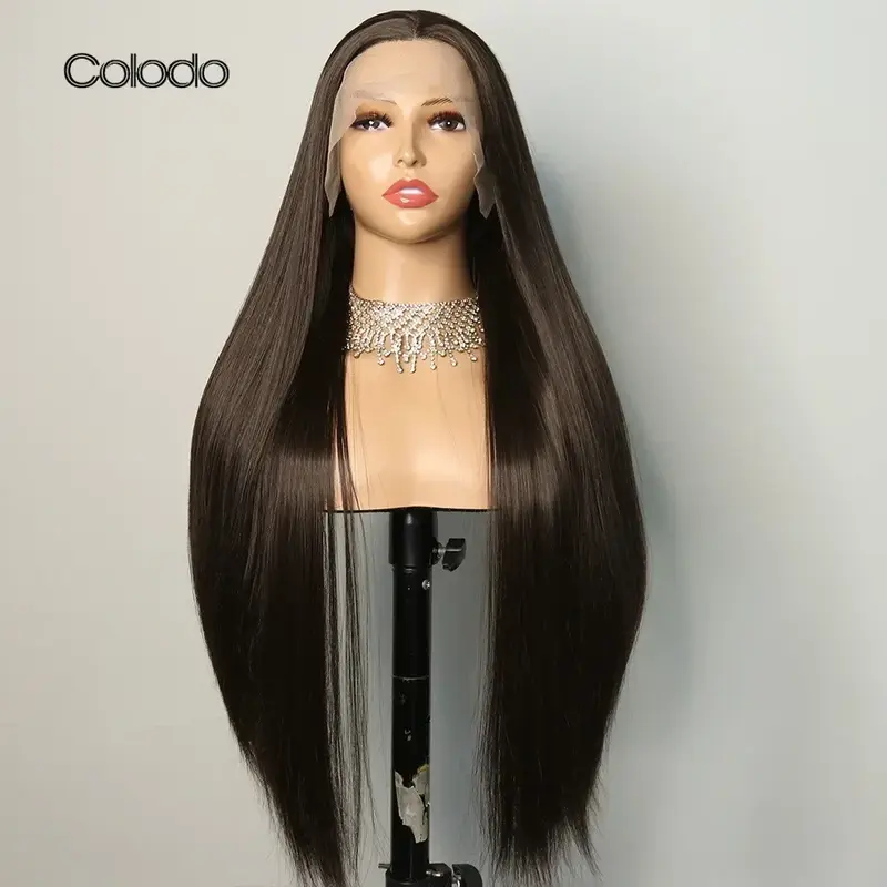 COLODO-seda reta peruca dianteira do laço sintético, resistente ao calor, preto Cosplay perucas, destaque Glueless, uso diário, 13x4, 30"