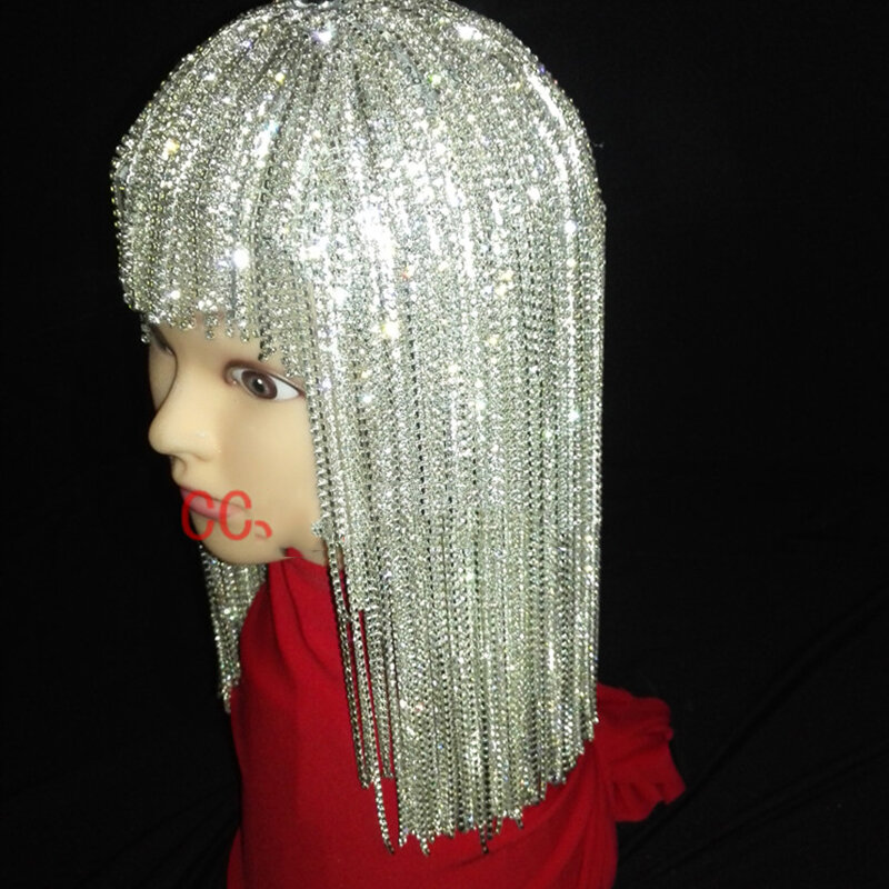 Kobiety złoty srebrny łańcuszek z kryształów górskich peruka głowa ozdoba festiwal strój nocny piosenkarka Rave nosić akcesoria seksowny kostium sceniczny