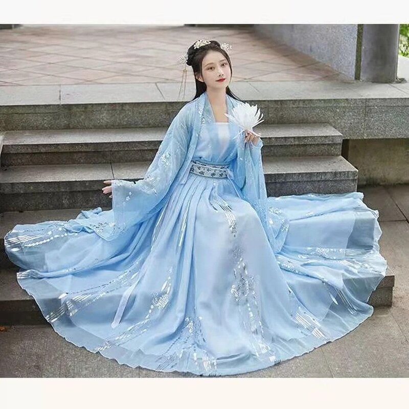 Trajes tradicionais chineses para mulheres, vestido de fada hanfu, dança folclórica, bordado vintage, roupa princesa, 2024