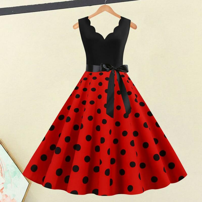 Retro Midi Dress Vintage-inspired Women's Midi Dress with Lace-up V-neck High Waist Bow Detail Retro Dot Print for Prom or Party