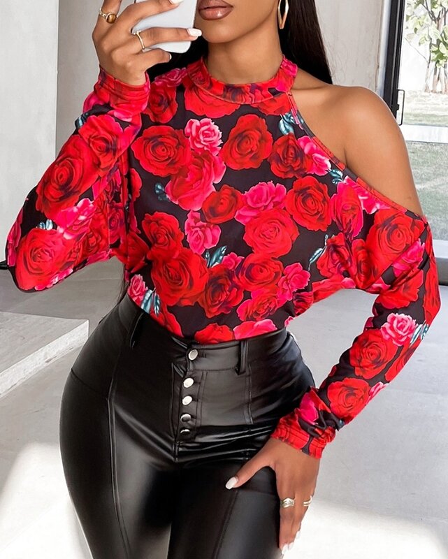 Women Blouses Tops 2024 Spring Fashion Floral Print Cold Shoulder Long Sleeve Casual Tee Top Y2K Clothes Temperament Commuting