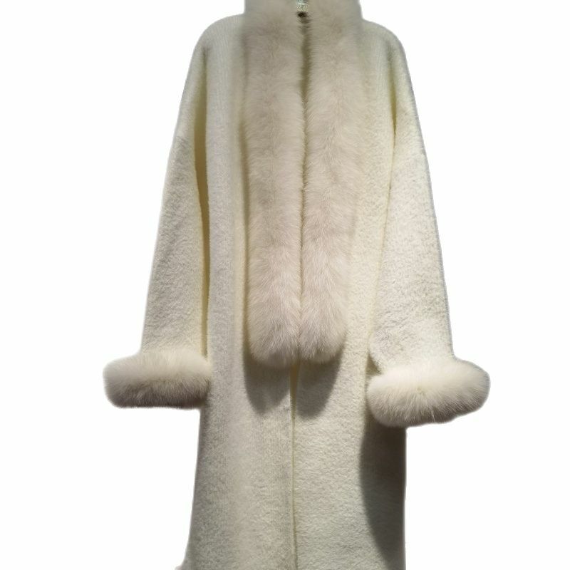 Capa con cuello de piel de zorro Real para mujer, suéter largo de punto, Poncho, chal, abrigo de otoño e invierno, nuevo