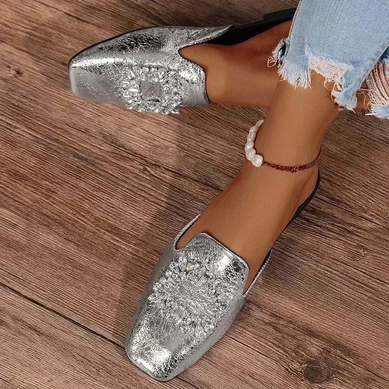 Zapatillas planas De verano para Mujer, chanclas De vestir con tira trasera De cristal, Zapatos De punta cuadrada Mary Jane De diseñador, 2024