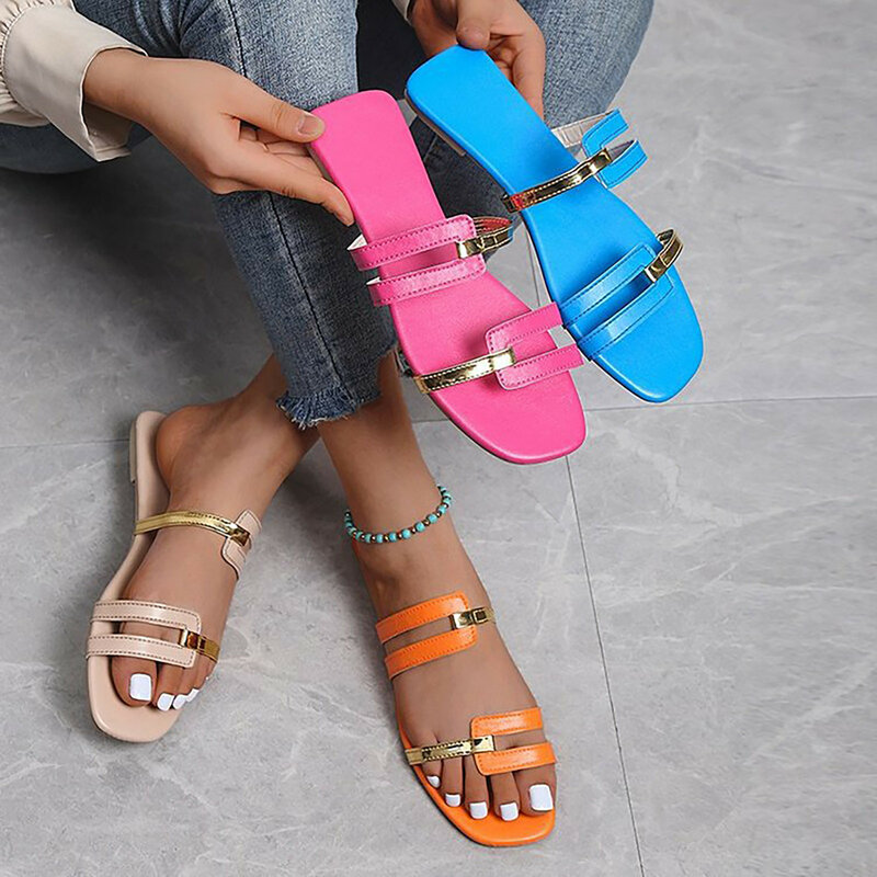 Women's Slippers 2024 Summer Thin Belt Combination Square Toe Flat Bottom Female Plus Size Beach Dressy Casual Fashion Sandals