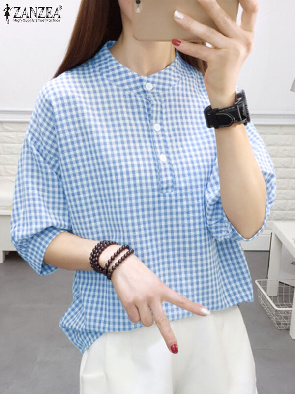 ZANZEA-Camisa xadrez xadrez feminina, gola O, blusa de meia manga, tops casuais com botões, blusas femininas elegantes de trabalho, moda verão