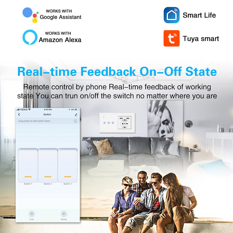 146*86 EU Smart House Tuya Wifi gniazdo przełącznika szklany Panel dotykowy przycisk inteligengente działa z aplikacją Google Home Alexa Voice Tuya