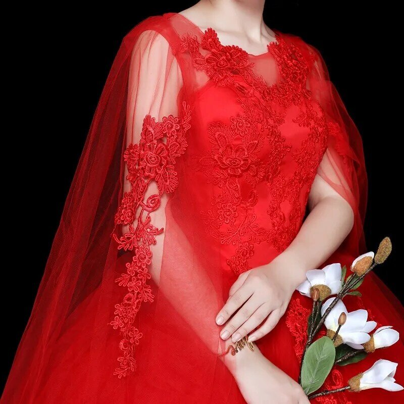 Nowy czerwona suknia balowa suknie ślubne klasyczne koronkowe z okrągłym dekoltem tiulowe suknia ślubna z peleryną proste elegancka, długa szata Mariage Femme