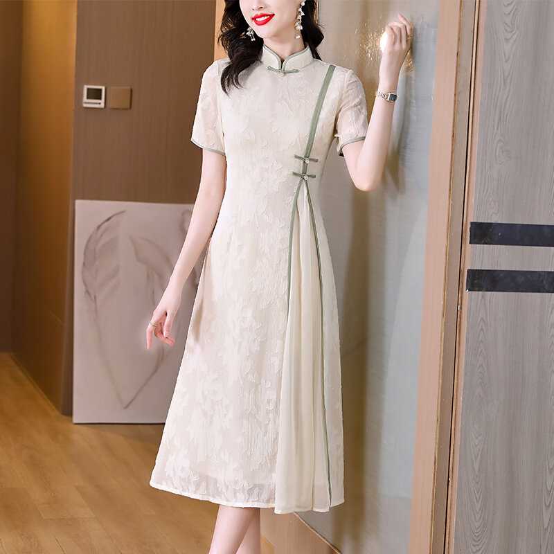 Новинка 2023, Модное шифоновое платье, женское летнее элегантное улучшенное ретро платье-Ципао свободного кроя, повседневное женское платье