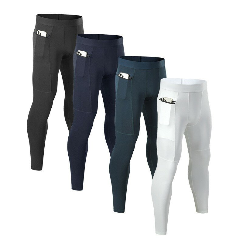 Pantalones de compresión deportivos para hombre, mallas deportivas de secado rápido para Fitness, gimnasio, entrenamiento, con cremallera y bolsillo