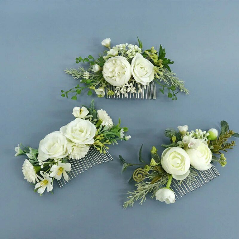 Green Artifcial Rose Flowers with Comb Handmade Headwear Marriage Decoration Bridal Hair Accessories for Women