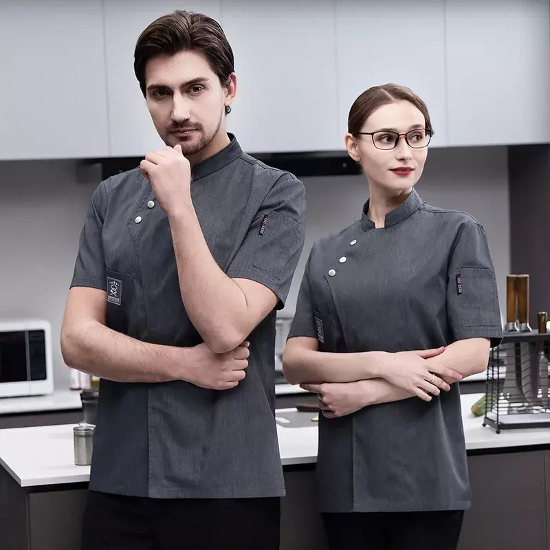 Avental branco com mangas respiráveis para homens e mulheres, camisa preta do cozinheiro chefe, jaqueta de cozinha curta, uniforme restaurante, obras e roupas