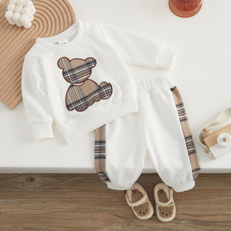 VISgogo-ropa para Bebé y Niño, chándal informal de manga larga con estampado de oso a cuadros, Tops y pantalones, 2 piezas