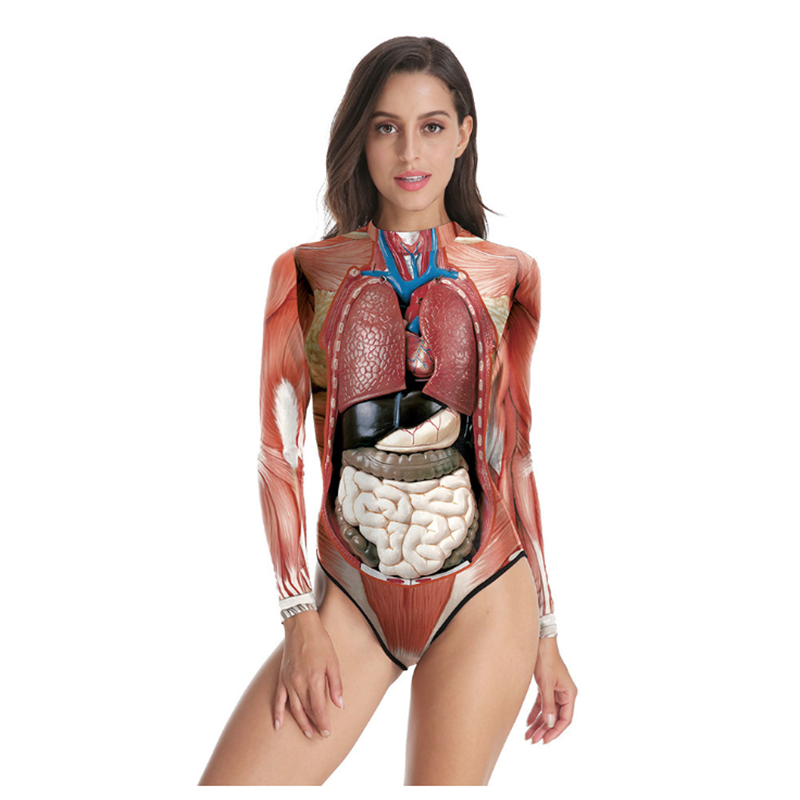 Halloween 3D Jumpsuit Cetak Otot Pesta Bodysuit Tubuh Anatomi Manusia Elastis Kostum Cosplay Catsuit