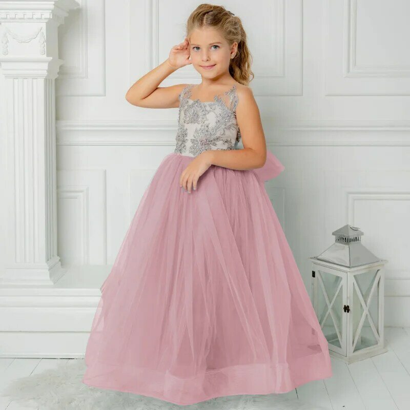 Flower Girl Dresses Blue Tulle Appliques With Bow Sleeveless For Wedding Birthday Party Banquet First Communion Gowns
