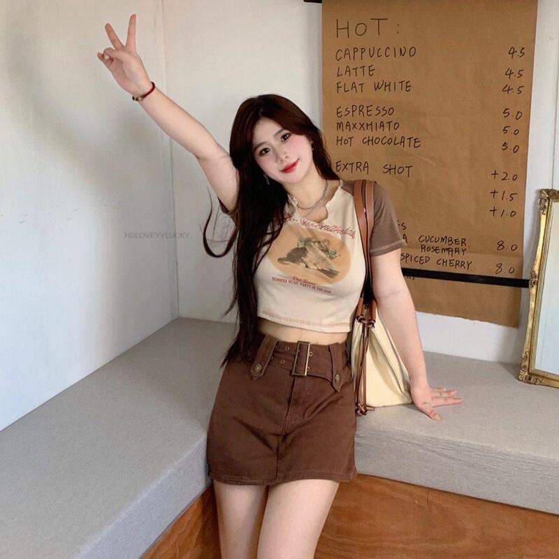 Japanese Korean Style Loose Y2k Cat Short Loose Short Sleeve T-shirt Top Sexy School Uniform Girl Daily Fashion Jk Uniform Set