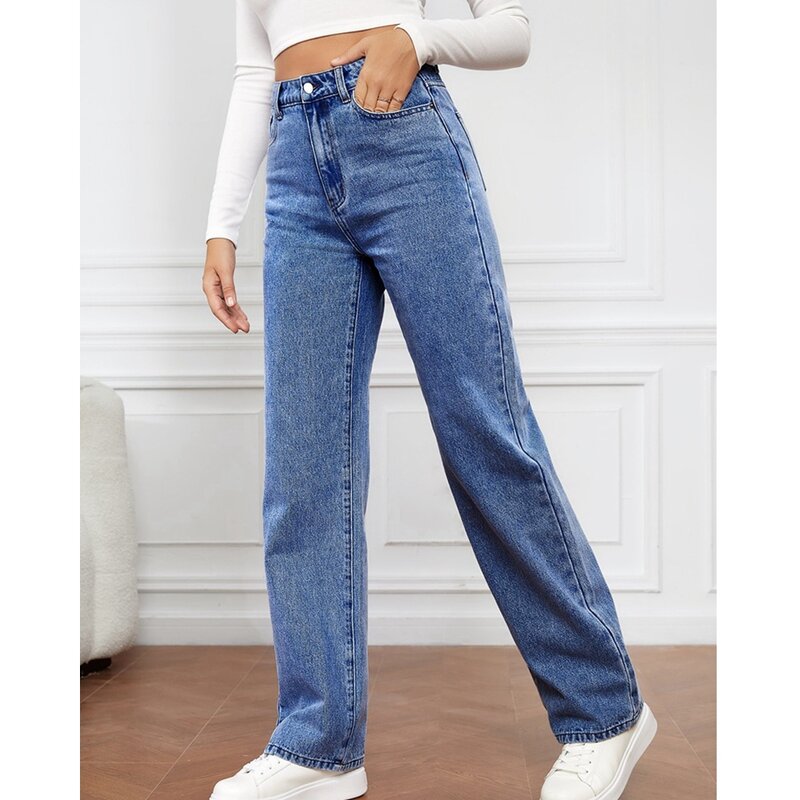 Calça jeans rasgada casual feminina de perna reta, calça jeans lavada feminina, calça de cintura alta, roupas Y2K, senhora, primavera, vintage