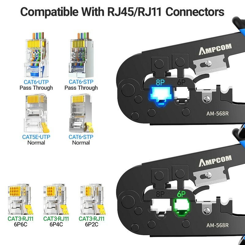 AMPCOM RJ45 Crimper RJ11 RJ45 alat pengeriting jaringan Ethernet kabel LAN tang pemotong pengupas untuk 6P 8P RJ11 RJ12 RJ45