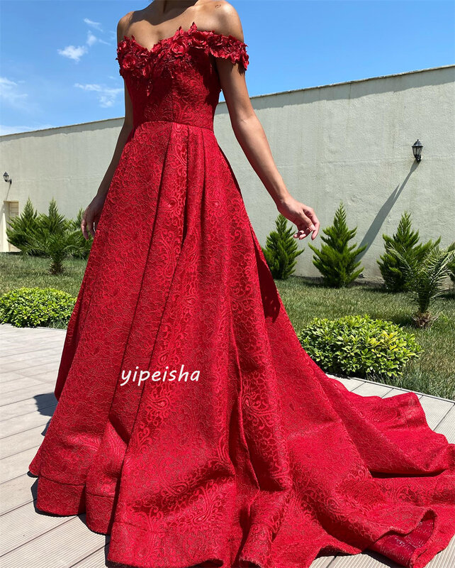 Prom Dress Evening Saudi Arabia Jersey Flower Draped Pleat Beach A-line Off-the-shoulder Bespoke Occasion Gown Long Dresses