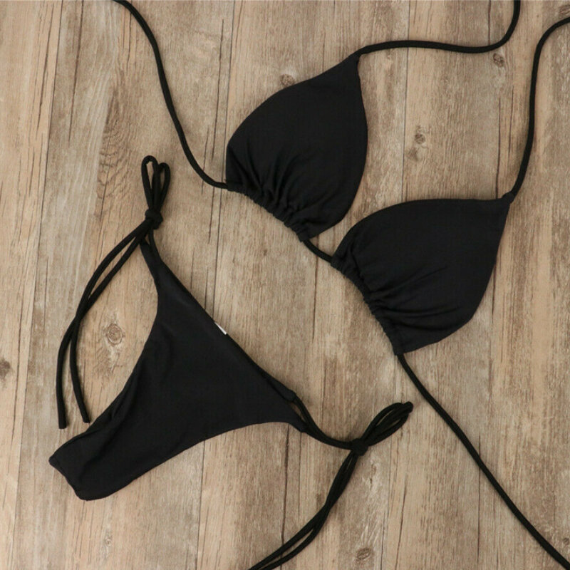 Biquíni brasileiro "sexy" ajustado para mulheres, maiô da cor sólida, com laço, lado, tanga, corda, atadura, para a praia, verão