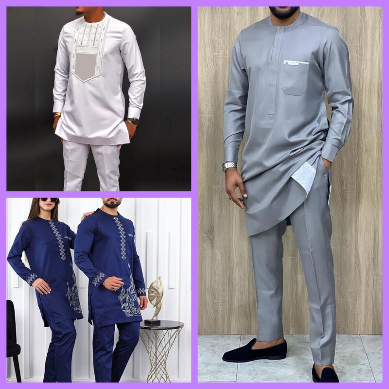 2024 Luxus Herren Anzug Hemd und Hose Set von 2 Kleidung Rundhals ausschnitt einfarbig festliche lange Ärmel afrikanischen ethnischen Stil (M-4XL)