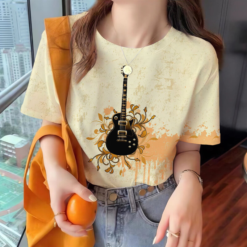 3D Casual Women's T Shirt Top Y2k Summer Loose Round neck Short Sleeve Tee Guitar Pattern Print Trendy Street T Shirts for Girls