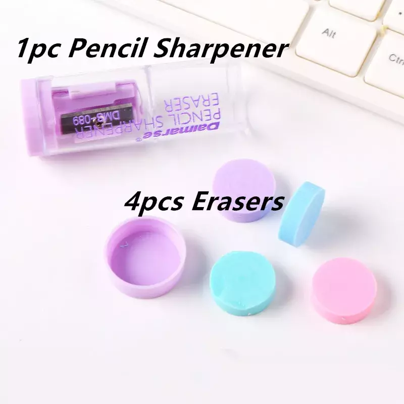 Creative Stationery Eco-friendly Mini Pencil Sharpener and 4 Erasers In School Supplies Korean Stationery Random Colours