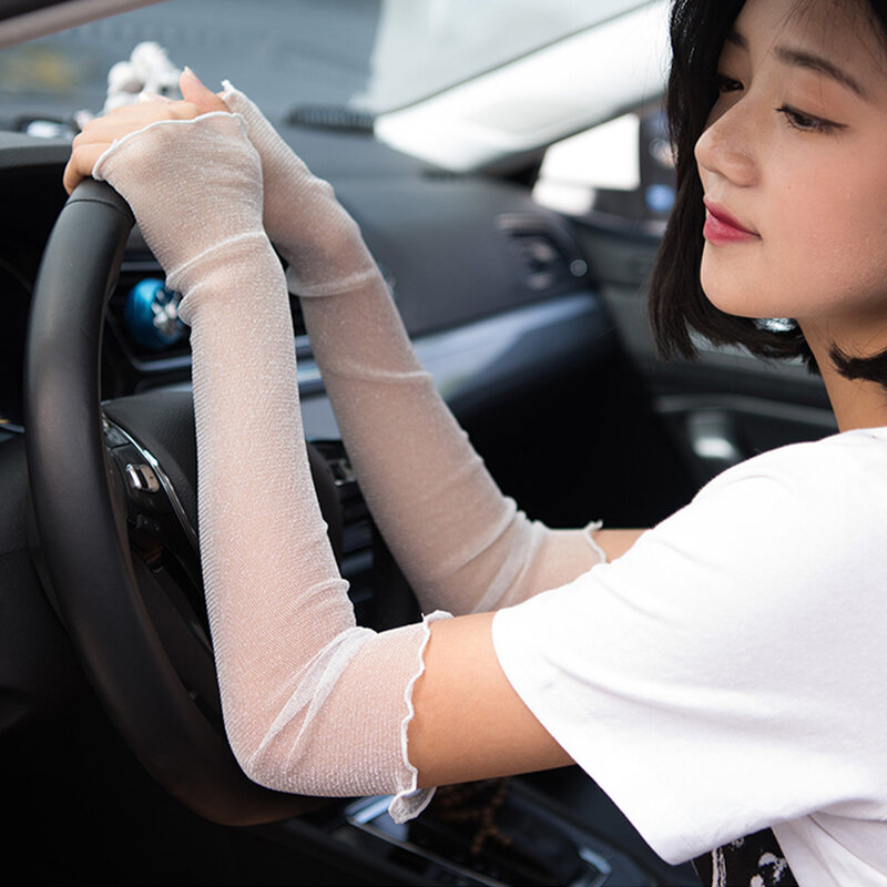 Summer Ultra Thin Ice Silk Sun Protection Sleeve Lace Mesh Long Fingerless Arm Sleeves Women Driving Cycling Riding Arm Sleeves