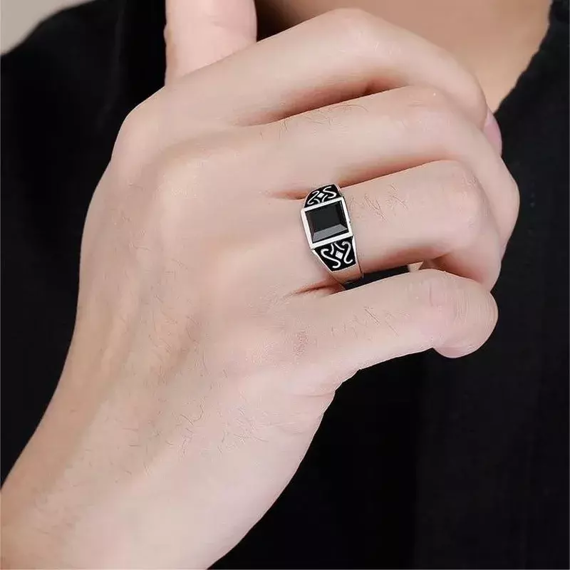 Новинка серебряное креативное геометрическое инкрустированное черным агатом кольцо властителя для мужчин и женщин крупное регулируемое кольцо