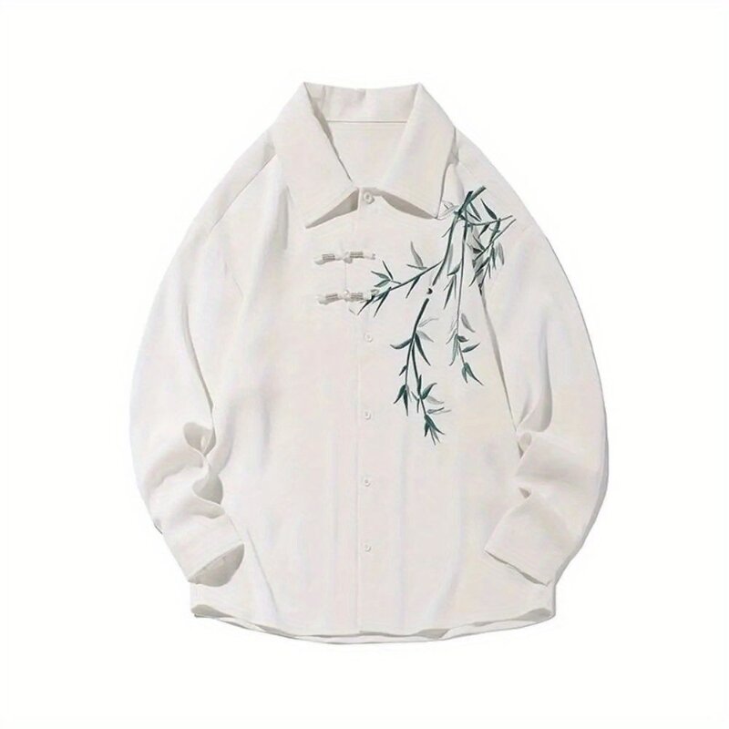 Chemise brodée à col rabattable imprimée à manches longues pour hommes, haut décontracté à la mode, style chinois, printemps et automne, nouveau, 2024