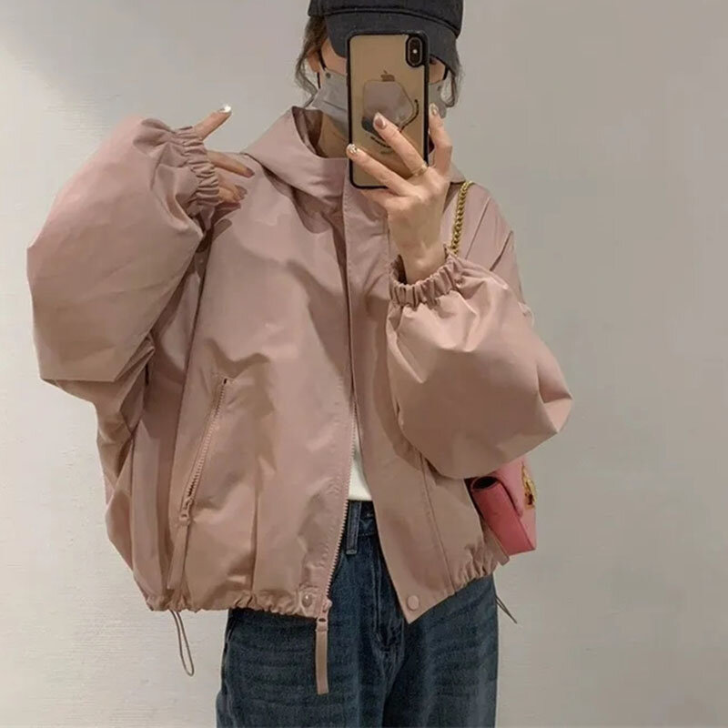 Spring Female Short Hooded Tops Coat New Ladies Fashion Charge Jacket 2024 Female Leisure Loose Fit Solid Color Hooded Outerwear