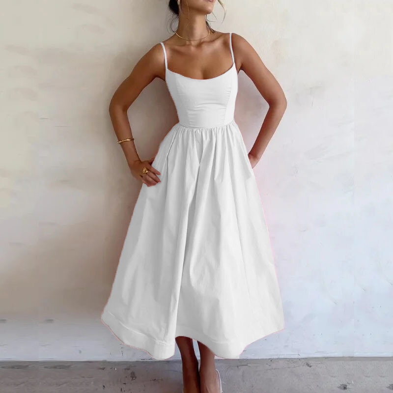 Gaun ayun besar wanita, produk baru musim panas 2024 warna Solid leher U pinggang lipat dengan tali suspensi untuk wanita