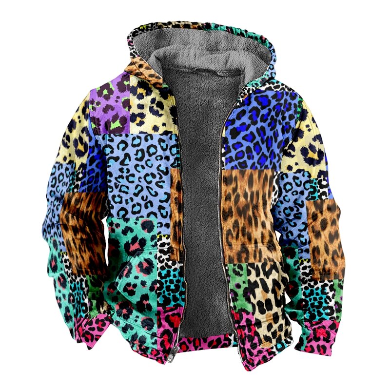 Autumn Winter Fleece Zip Up Hoodies Original Leopard Patchwork Digital Print Men Parka Coat Jackets Outerwear Sweatshirts Street