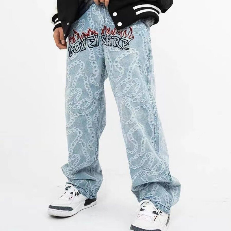 กางเกงกระโปรงกางเกงยีนส์ Hip Hop Men Letter Denim ลายกางเกง Streetwear ชาย Fire หลวม Oversize