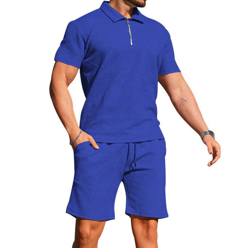 Conjunto de camiseta e shorts simples de cor sólida masculino, zíper lapela, meia calça, cordão elástico, roupa verão