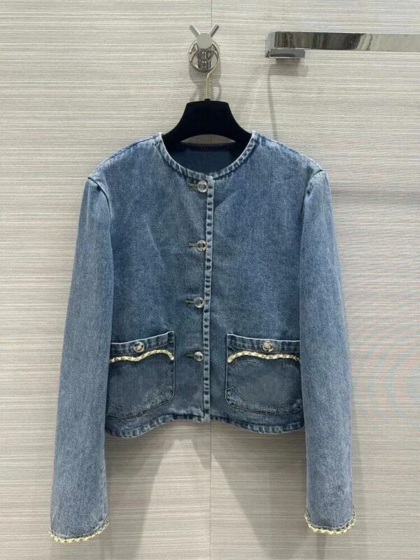New Women Spring Cowboy Lapel Long Sleeves embroidery Pockets Decortaion Washed Blue cotton denim Jacket Female Chic Tops