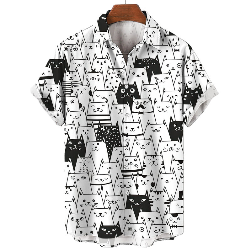 Męska hawajska koszula z nadrukiem 3D z krótkim rękawem słodki kociak Casual dla mężczyzn ubrania Vintage kwiecista bluzka Harajuku