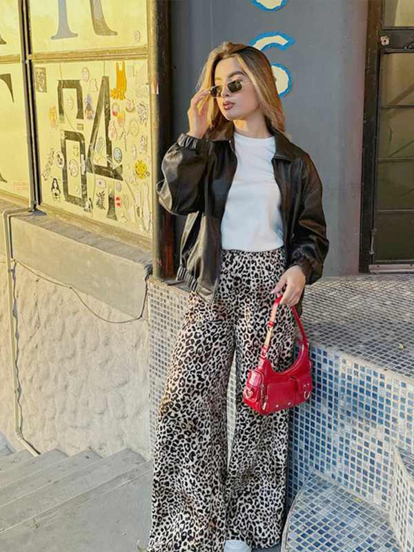 Pantalon à jambes larges imprimé léopard vintage pour femme, streetwear décontracté, taille haute, mode printemps et été, dame de bureau, FJ2K, 2024