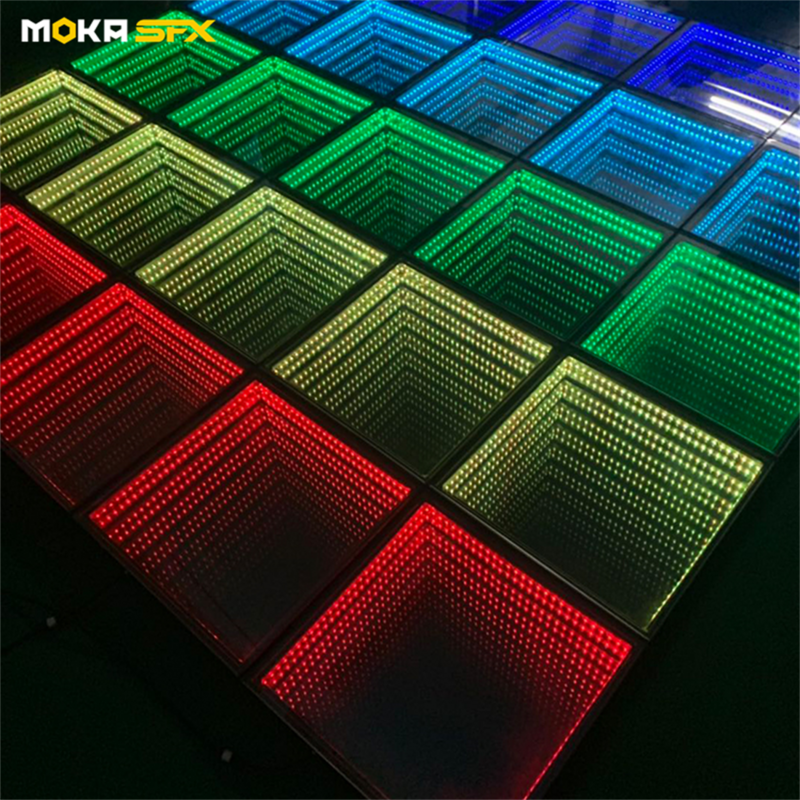 25 pz/lotto Infinity Mirror 3D LED Dance Floor 8 x8ft Stage Lighting Floor carico in vetro temperato 500KG per eventi di spettacoli in discoteca