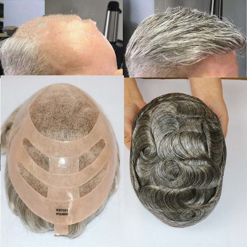Unit rambut palsu pria rambut manusia kualitas tinggi renda dengan sistem rambut pria NPU pengganti abu-abu tahan lama dan bernapas