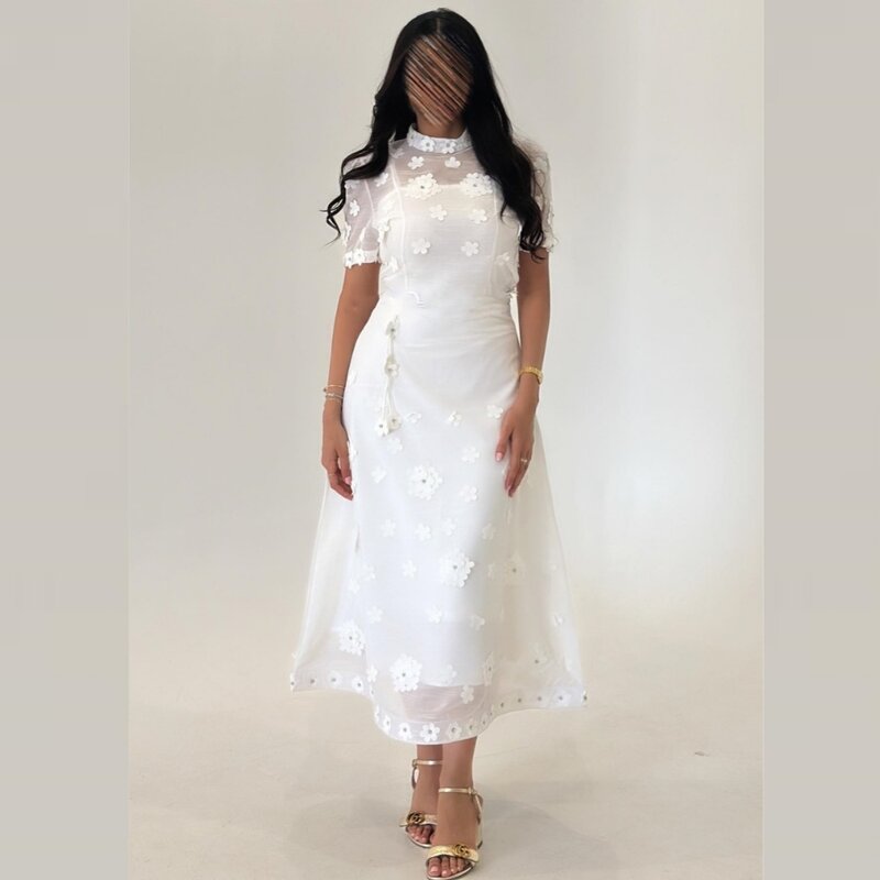 Jersey Applique Beading Ruched Valentine's Day A-line High Collar Bespoke Occasion Gown Midi Dresses
