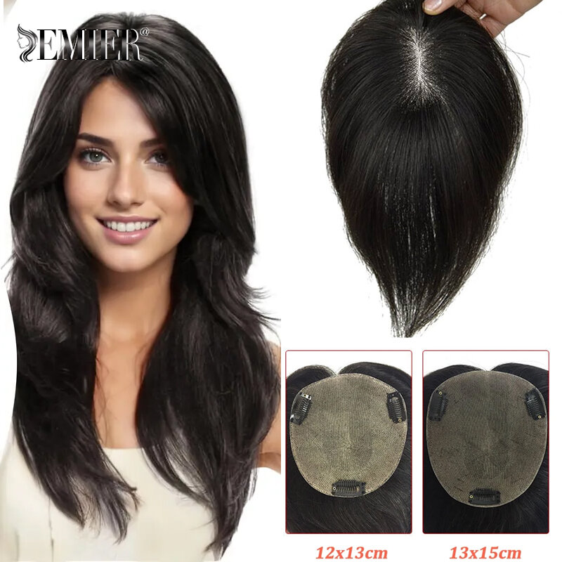Full Silk Base Clip In Toupee 12x13 13x15 Free part Human Hair Topper for Women Covering White Hair Straight Toupee Hairpiece