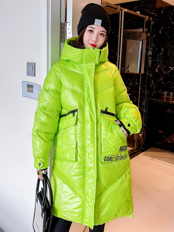 Doudoune à capuche longue pour femme, manteau en duvet, veste de neige chaude, optique décontractée, streetwear brillant, parka noire, hiver 2024