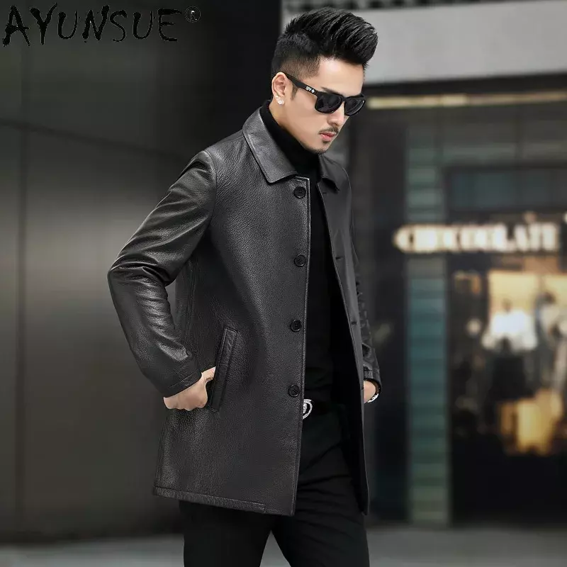 AYUNSUE-jaqueta de couro genuína masculina, casaco de camurça real, jaqueta de couro de comprimento médio, casual business outwear, roupas de outono e inverno