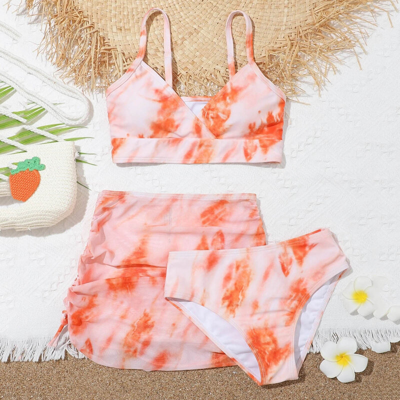 8-14Y Girls' Summer Swimwear 2023 New Fashion Cute Crisscross Tie Dyeing Printing Floral Print Three Piece Swimsuit Bathing Suit