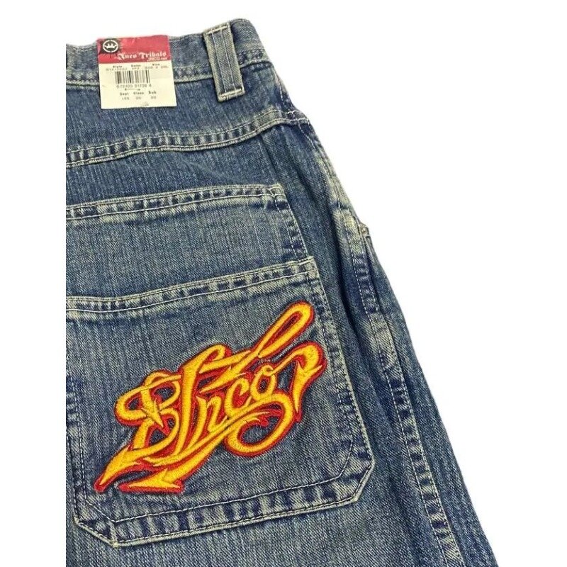 Jeans Retro berbordir Hip Hop pria, pakaian jalanan longgar kaki lebar lurus pinggang tinggi modis 2024