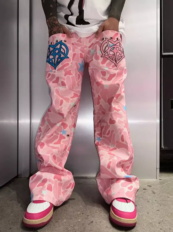 Street Pink Embroidered Jeans Design Sense Heavy Craftsmanship Camouflage Woman Street Hip Hop Unisex Straight Wide Leg Pants